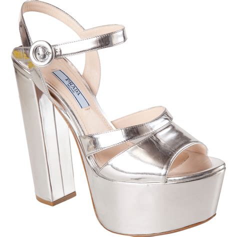 prada silber|Prada silver platform heels.